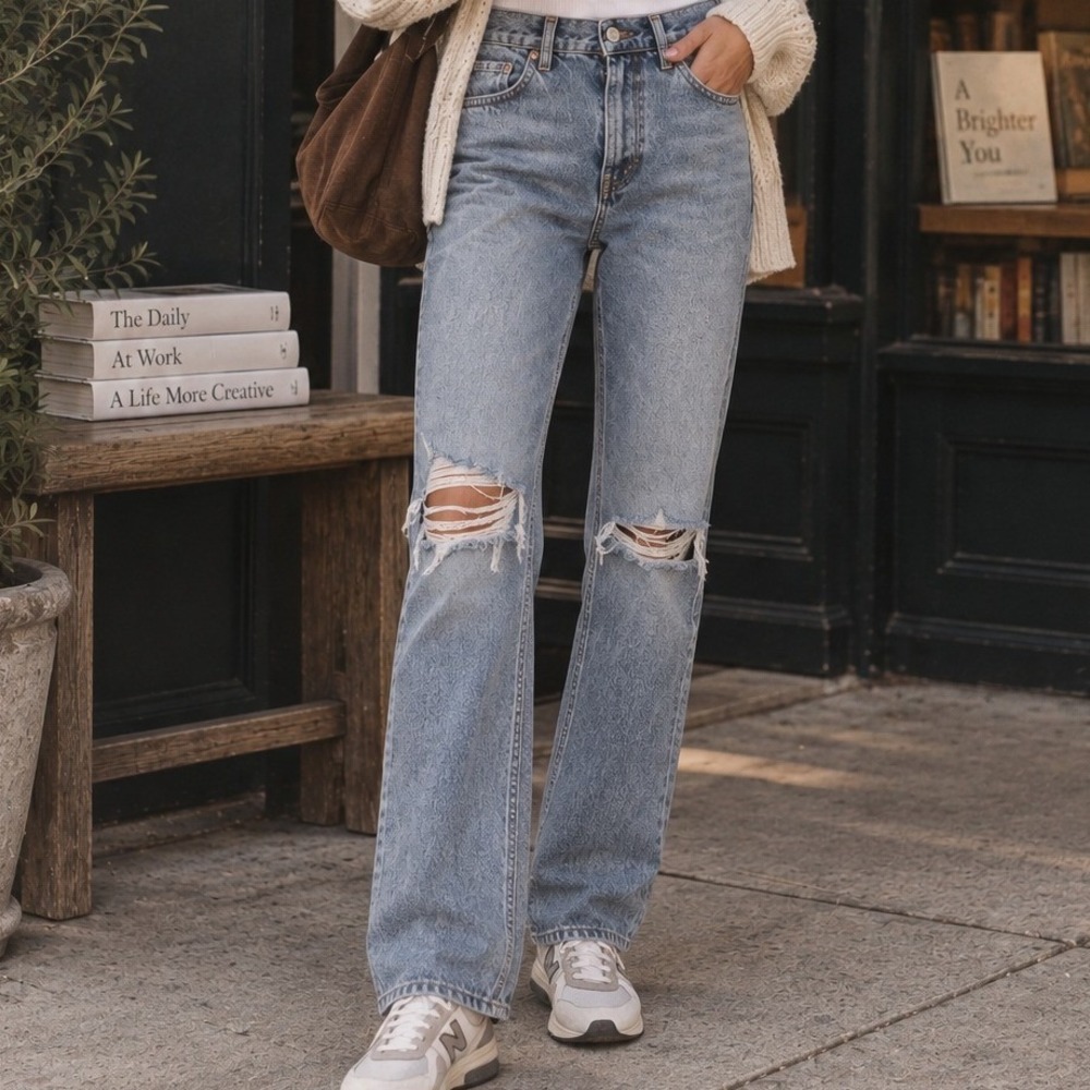 Topshop Women High Waisted Straight Leg Distressed Button Fly Jeans Blue Size 31
